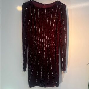 Chic Long Sleeve Burgundy Dress with Studded Accents